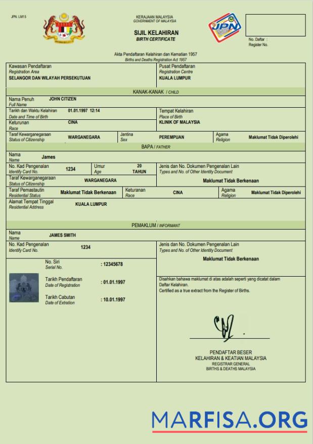 Downloadable Malaysia birth certificate Word and PDF template